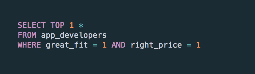 A SQL query used as an analogy of finding the best app developer for you!